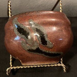 HandCrafted Art Pottery Bowl Multi-Brown Rust-Black Gray Leaf Design &Signed-EUC